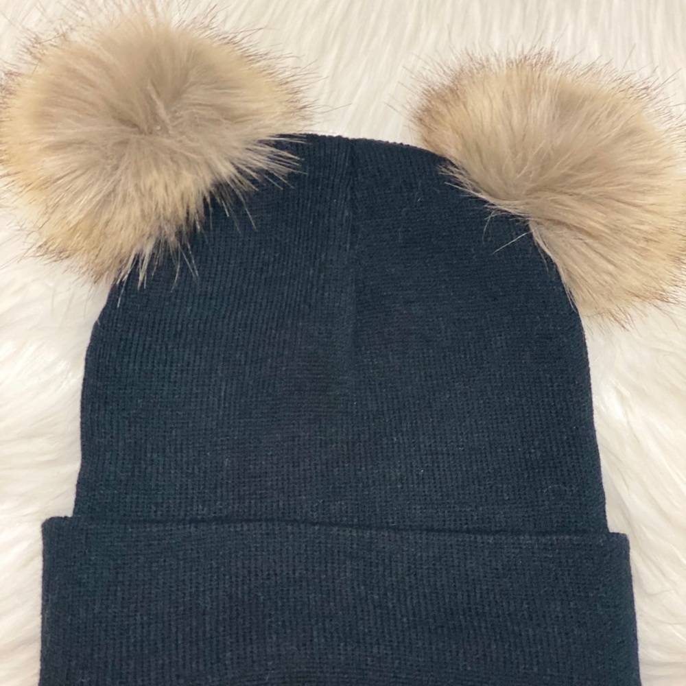Embroidered Double Pom Faux Fur Knitted Beanie Hat - Picture 4 of 5